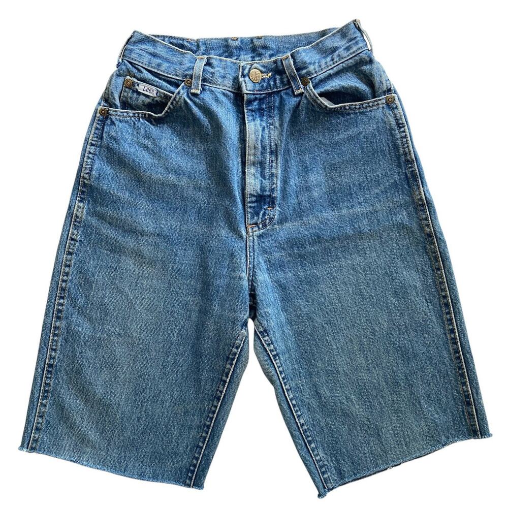 Vintage 70s 80s Lee High Rise Long Cut Off Denim Jean Shorts Fits Size 25